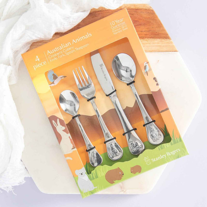 Personalised Engraved Stainless Steel Children's Cutlery 4 Piece Set Australian Animals