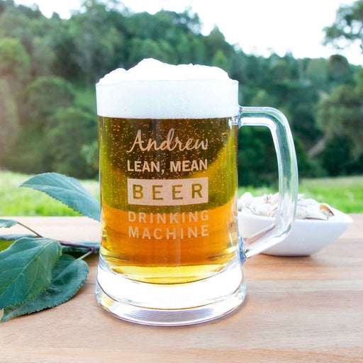 Personalised Engraved Man Cave "Lean, Mean, Beer Drinking Machine" Glass Stein Beer Mug