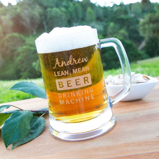 Custom Designed  Engraved Man Cave "Lean, Mean, Beer Drinking Machine" Glass Beer Stein Mug Present