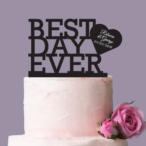 Mirror gold acrylic Best Day Ever wedding cake topper engraved with couple’s names