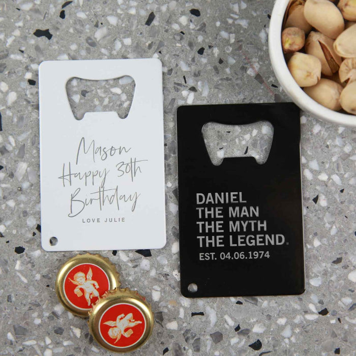 Custom Engraved White and Black Metal Credit Card "the man the myth the legend" Birthday Bottle Opener Present