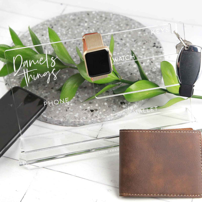 Personalised Engraved Clear Acrylic Phone, Watch, Keys, Wallet Organiser Holder Christmas Present