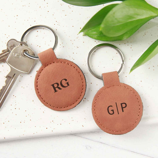 Personalised Engraved Tan Leatherette Monogrammed Name Birthday Keyring Present