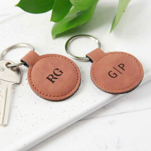 Customised Engraved Monogrammed Name Tan Leather Birthday Keyring Present