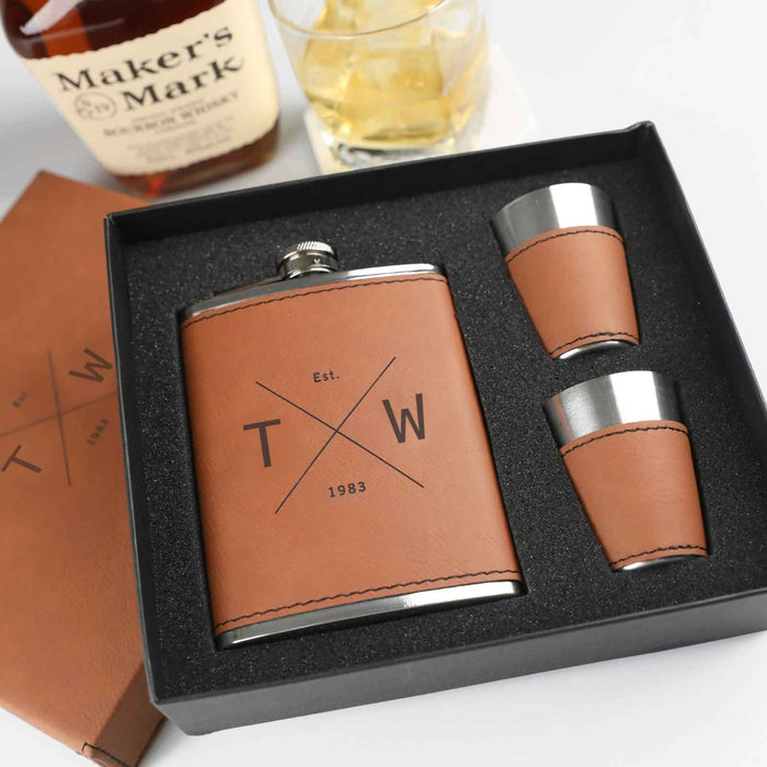 Personalised Engraved Birthday Tan Leatherette 8oz Hip Flask Set Present