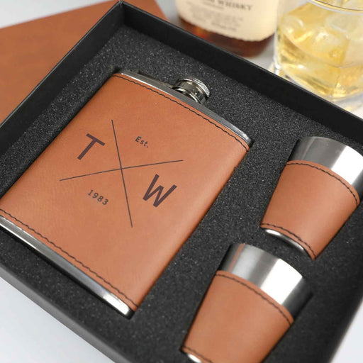 Customised Engraved Tan Leatherette 8oz Hip Flask Set Birthday Present