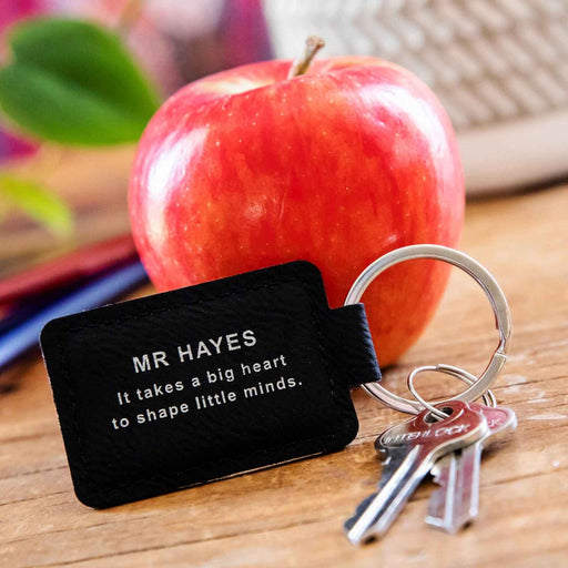 Custom Engraved Black Leather Rectangle Teacher Christmas Keyring Gift