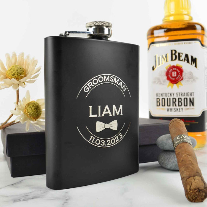 Personalised engraved groom, best man, groomsman black hip flask set