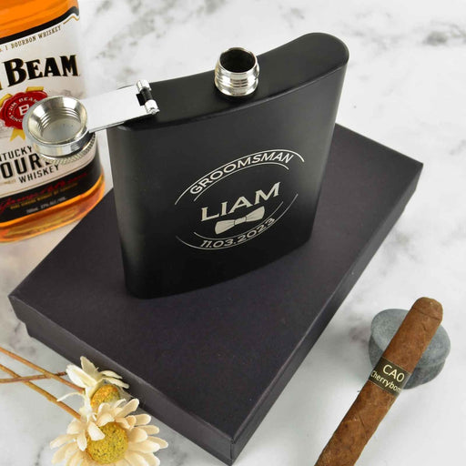 Custom designed engraved bridal party black hip flask set