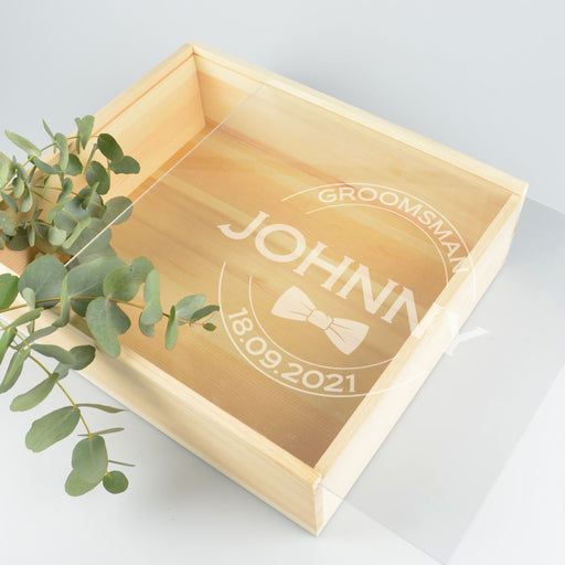 Custom designed Engraved Groomsman Bridal Party wooden gift box with clear lid