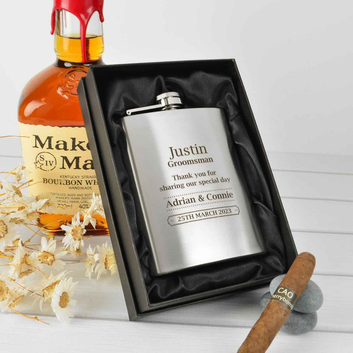 Engraved Personalised Groom, Best man Groomsman silver hip flask gift set
