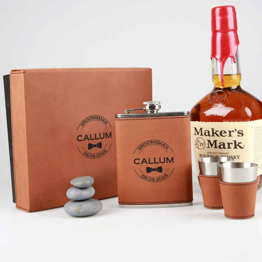 Personalised engraved Tan Leatherette bridal party Hip Flask Set include two shot glasses and leather bound gift box