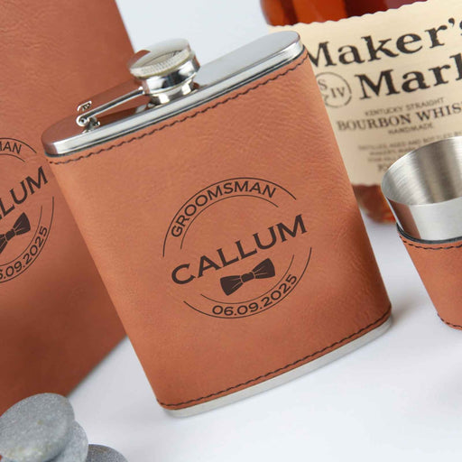 Custom designed laser engraved Tan Leatherette groom, best man & groomsmen Hip Flask Set include two shot glasses and leather bound gift box