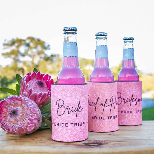 Pink & Black Printed Bride, Maid of Honour & Bridesmaid Stubby Holders Bridal Party Gift