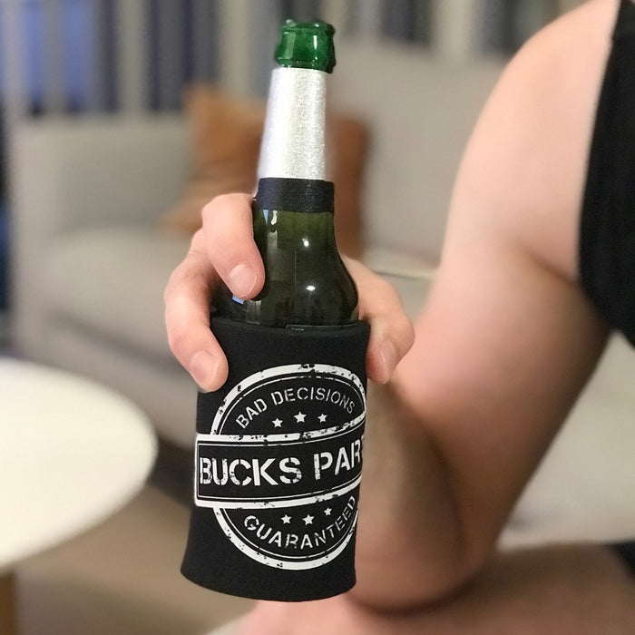 Bucks Party Printed Black Stubby Holders