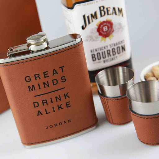 Custom Designed Engraved Tan Leatherette Hip flask and shot glasses set Christmas Present