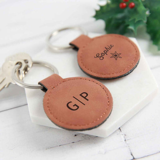 Customised Engraved Monogrammed Christmas Tan Leatherette Keyring present