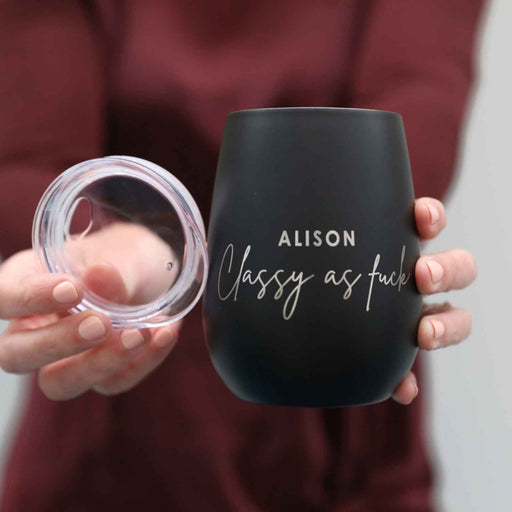 Custom Designed Engraved Matte Black humerus inappropriate stemless wine glass with lid
