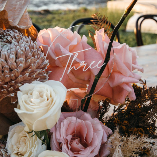 Personalised Laser Cut and Engraved Clear Acrylic Bouquet Wedding Table Number
