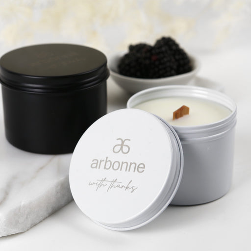 Customised Engraved Corporate Wood Wick Soy Candle Tin Company or Client Promotional Gift