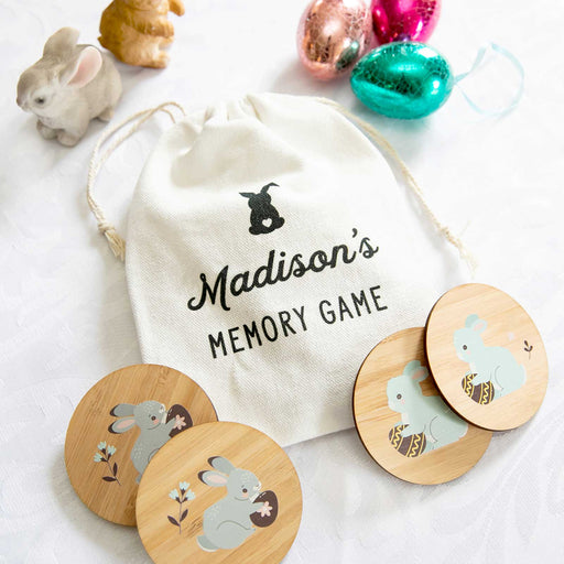 Personalised Printed Dinosaur Wooden Memory Game with Calico Bag