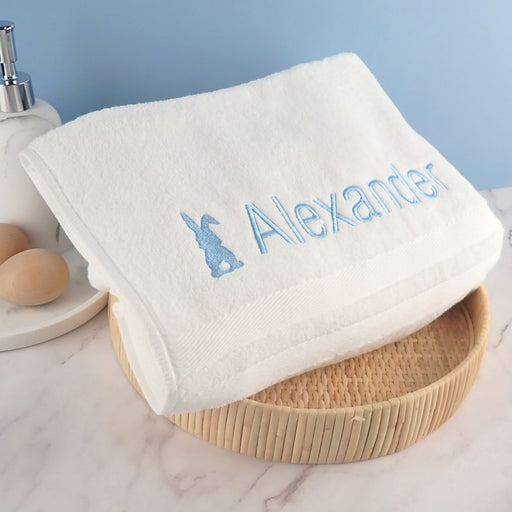 Custom Embroidered White Boys Blue Bunny Bath Towel Easter Present