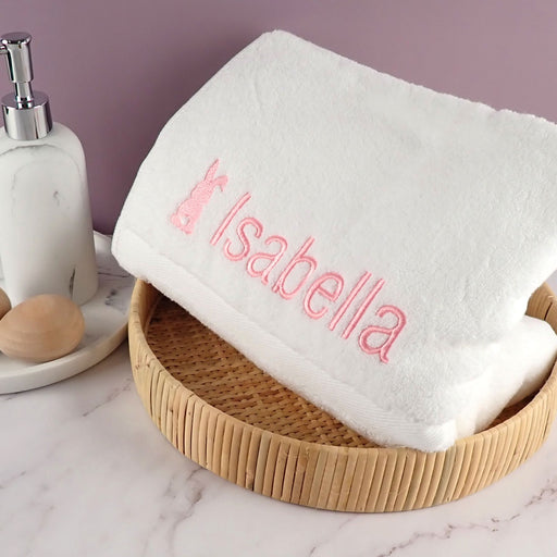 Custom Embroidered White Girls Bunny Bath Towel Easter Present
