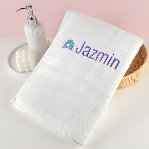 Personalised Embroidered White Bath Towel Kids Rainbow