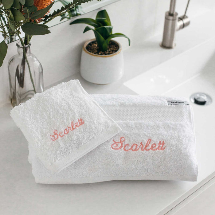 Embroidered White Bath Towel and Face Washer Set – Script Font