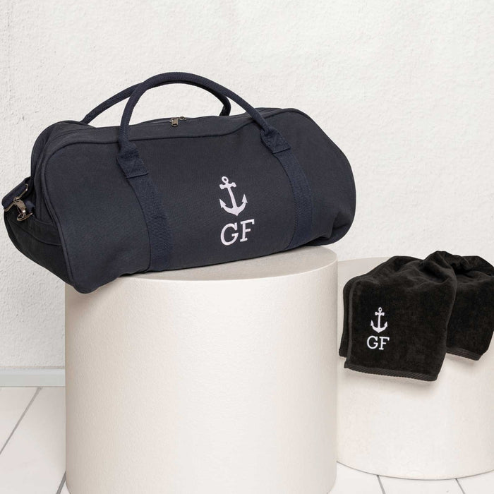 Personalised canvas duffle bag with anchor embroidery for boat lovers