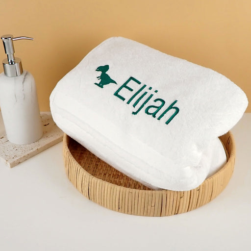 Personalised Embroidered White Bath Towel Kids Dinosaur