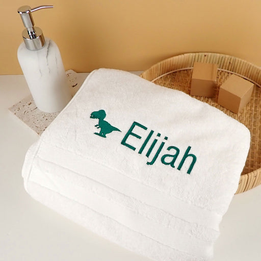 Custom Embroidered Name Green Dinosaur White Bath Towel