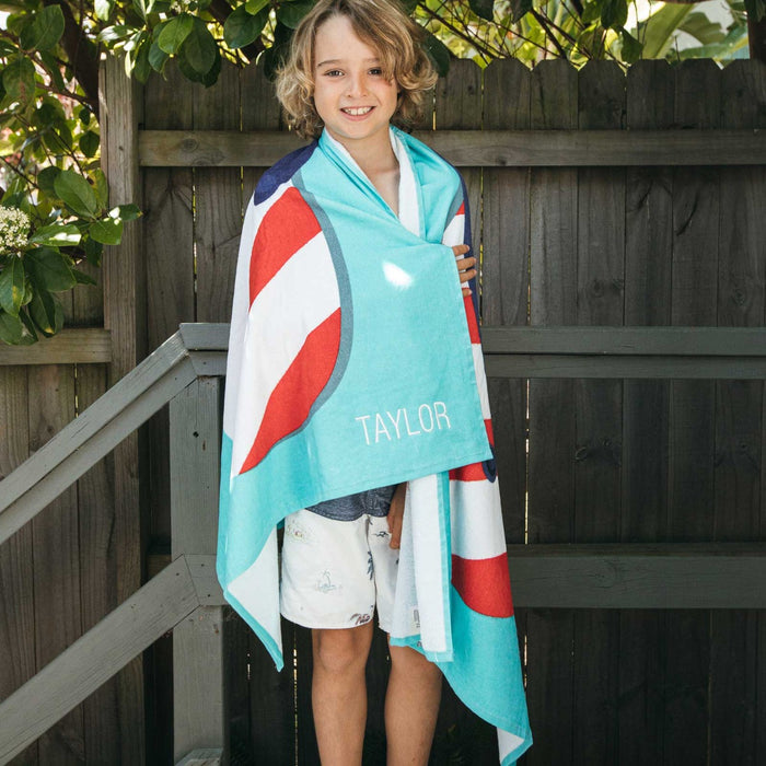Personalised Embroidered Name Red and Blue Thong Kids Beach Towel