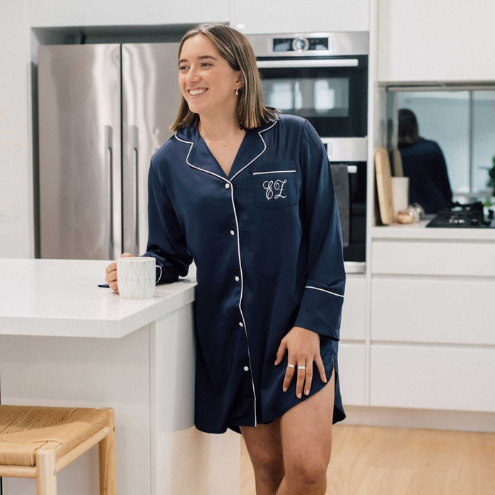 Embroidered Satin Long Sleeve Boyfriend Shirt – Navy