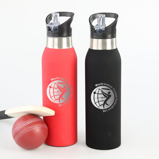 Engraved promotional drink bottle featuring company logo – practical giveaway.