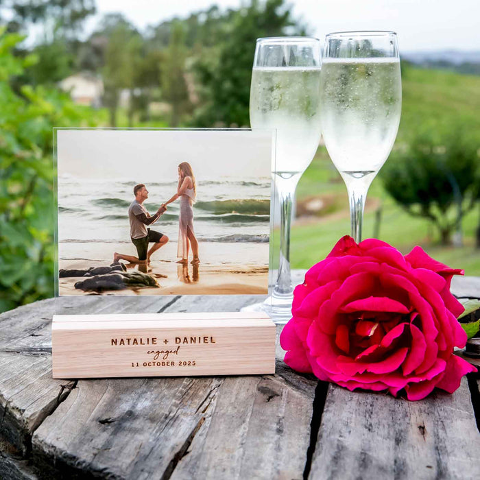 Personalised Photo Printed Acrylic Photo Frame With Wooden Engraved Base