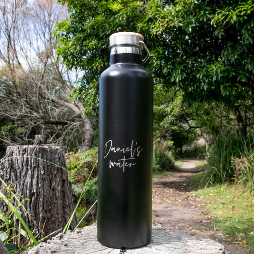 Personalised Engraved 1L Black Metal Water Bottle with Wooden Lid