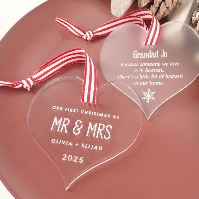 Customised Engraved Frosted & Clear Heart Christmas Tree Decoration