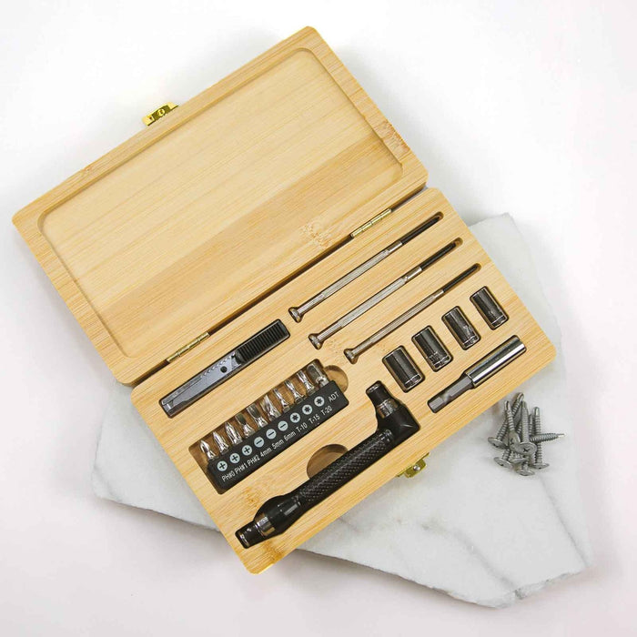 Custom Artwork Engraved Bamboo 21 Piece Tool Case set