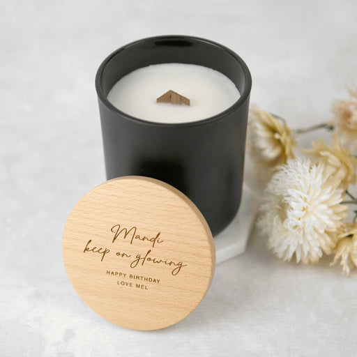 Personalised Engraved Birthday Black Wood Wick Soy Candle with Wooden Lid Present