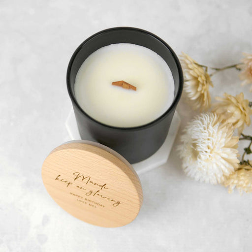Customised Engraved Black Wood Wick Soy Candle with Wooden Lid Birthday Present