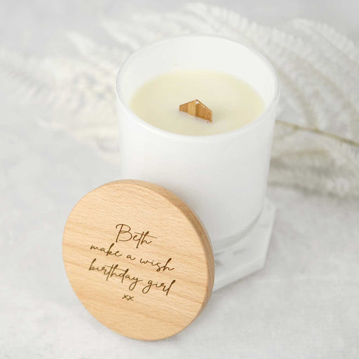 Personalised Engraved Birthday White Wood Wick Soy Candle with Wooden Lid Present