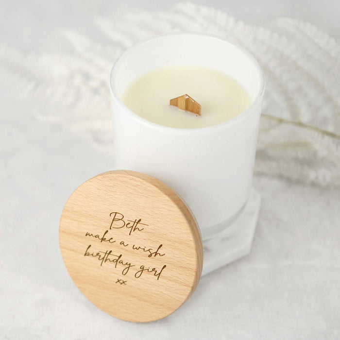 Personalised Engraved Birthday White Wood Wick Soy Candle with Wooden Lid Present
