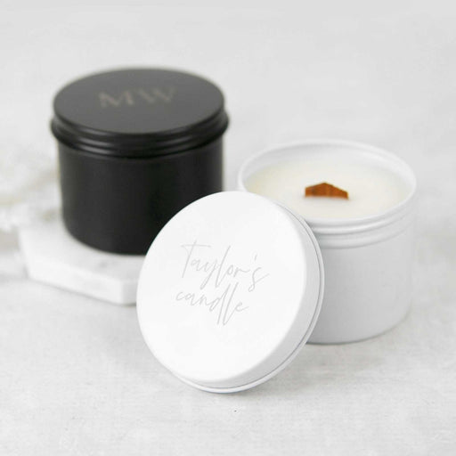 Customised Engraved Birthday Wood Wick Soy Candle Black or White Tin Present