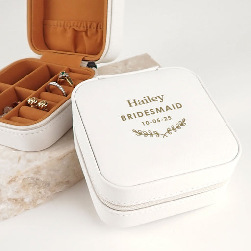Engraved White Leatherette Travel Jewellery Case