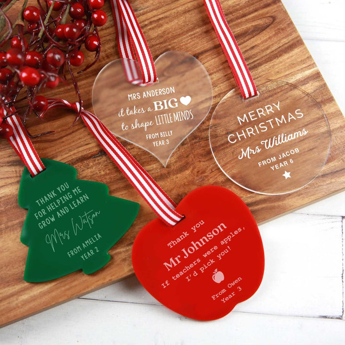 Personalised Laser Cut & Engraved Acrylic Christmas Teacher's XMAS tree, Heart, Circle and Apple Decoration Present