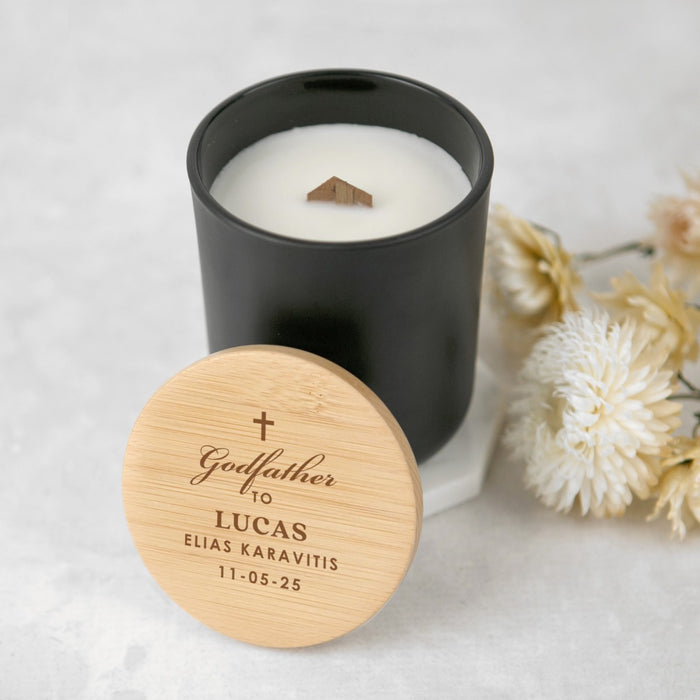 Personalised Engraved Name Black Godparents Godmother Godfather White Candle