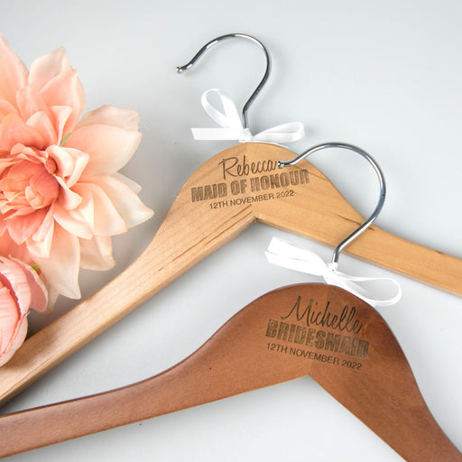 Engraved personalised wooden wedding coat hangers
