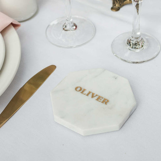 Personalised Engraved Gold Infill Wedding White Marble Coaster Place Card Favours