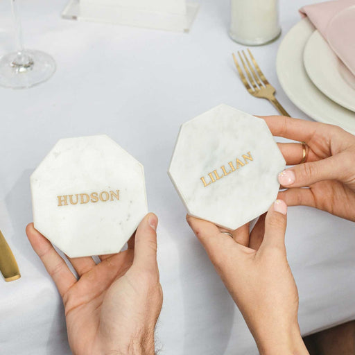 Customised Engraved Octagonal White Marble Wedding Coaster with Gold In-fill